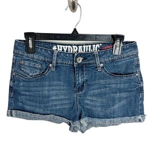 Hydraulic Lola Curvy cuffed fringe hem denim embellished mini shorts sz 9/10